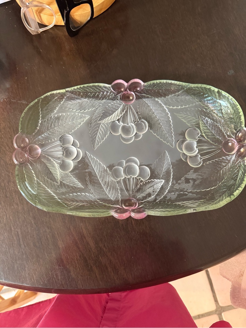 Mikasa Green Glass Serving Platter with Pink Berry Accents